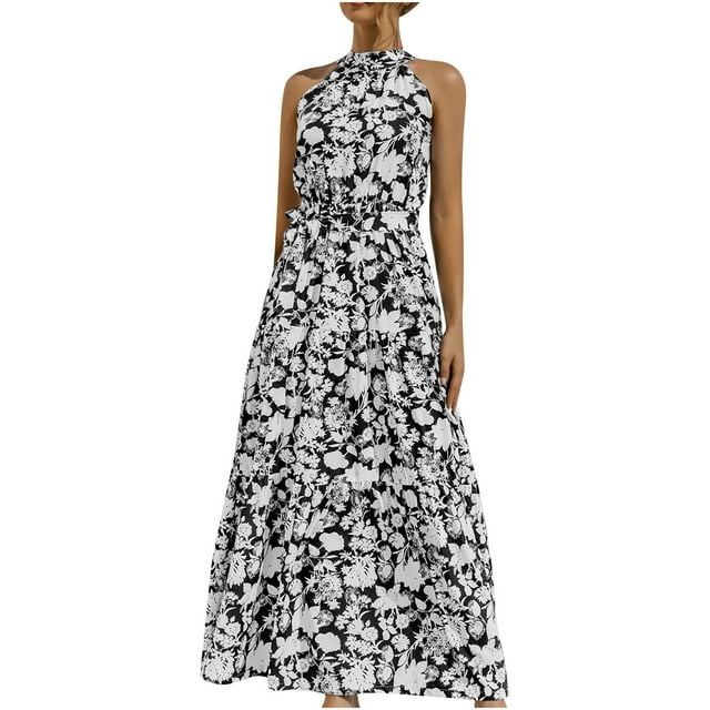 Mikilon Robe Longue d'Été pour Femmes, Mode, Dos Nu, Sans Manches, Imprimée, Aguichant, Décontractée, à Bretelles
