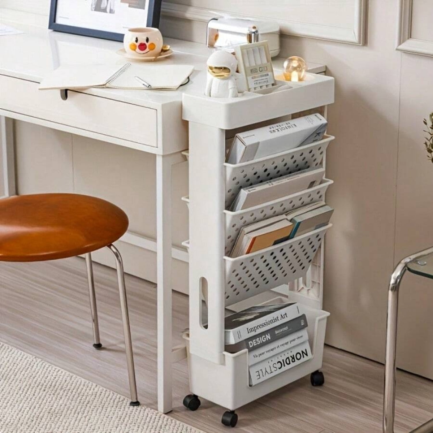 NTGFU 5-Tier Green Movable Bookshelf, Tableside Bookshelf, Book Storage Rack, File Storage Rolling Bookcase, Movable Folder Storage Cart with Wheels, Tableside Storage Cabinet with Wheels