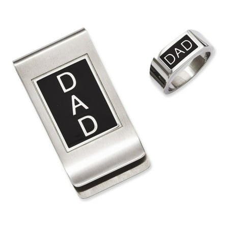 - Stainless Steel Black Enamel Dad Money Clip & Ring Set Size 9