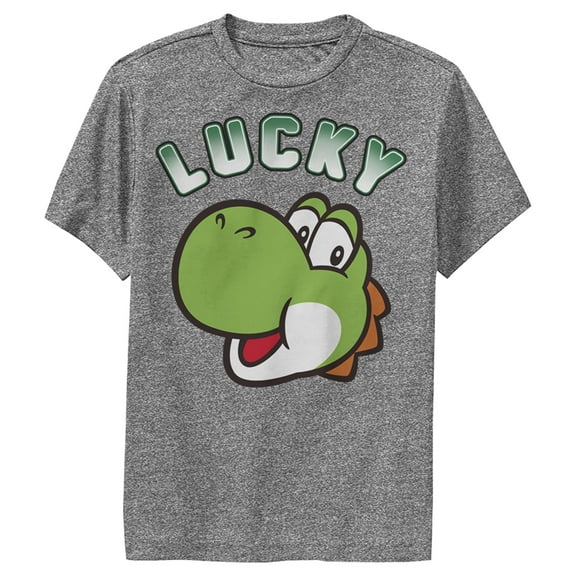Boy's Nintendo Super Mario St. Patrick's Day Lucky Yoshi Retro Performance Graphic Tee Charcoal Heather Small