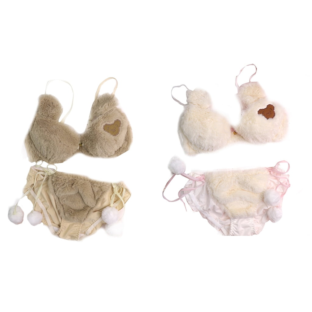 Womens Lolita Kawaii 2pcs Bra Panty Set Cute Bear Embroidery Fluffy Faux  Fur Underwire Underwear Plush Ball Bow Japanese Anime Lingerie 