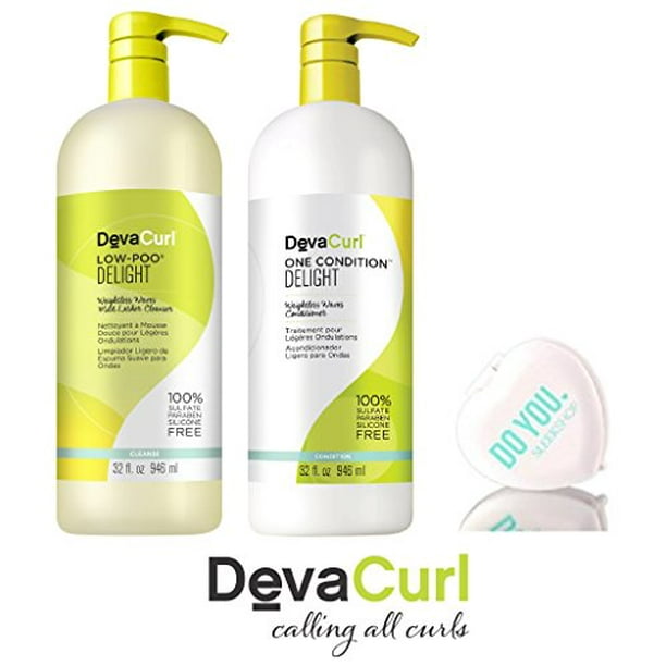 DevaCurl No-Poo Lather Cleanser & One Condition Cream Conditioner DUO w/  Mirror - Delight - 32 oz Large Liter Duo Kit 