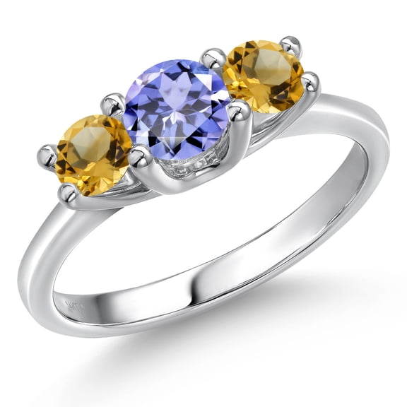 Gem Stone King 14K White Gold Blue Tanzanite & Yellow Citrine 3-Stone Engagement Ring | 0.97 Cttw | Round 5MM and 4MM | Three Stone Wedding Anniversary Promise Ring for Women (Size 9)