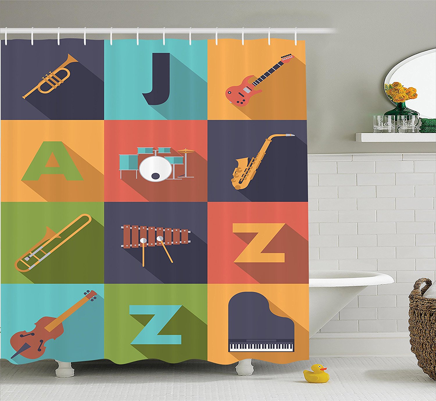 Jazz Music Decor Shower Curtain Set By Colorful All Jazz Equipment Set On Flat Design Funky Music Symbols Graphic Decoration Bathroom Accessories 69w X 70l By Ambesonne Walmart Com Walmart Com