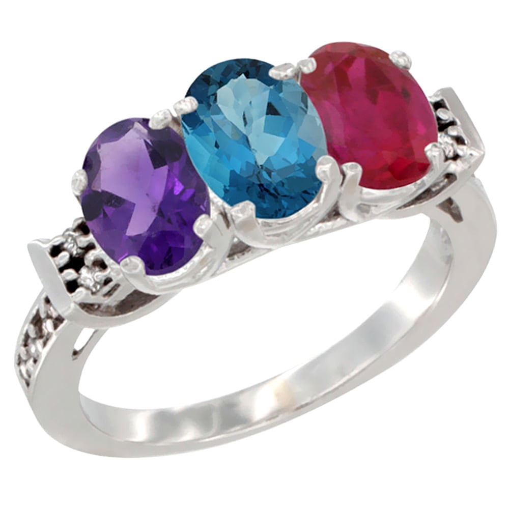 10K White Gold Natural Amethyst, London Blue Topaz & Enhanced Ruby Ring 3-Stone Oval 7x5 mm Diamond Accent, sizes 5 10 by WorldJewels