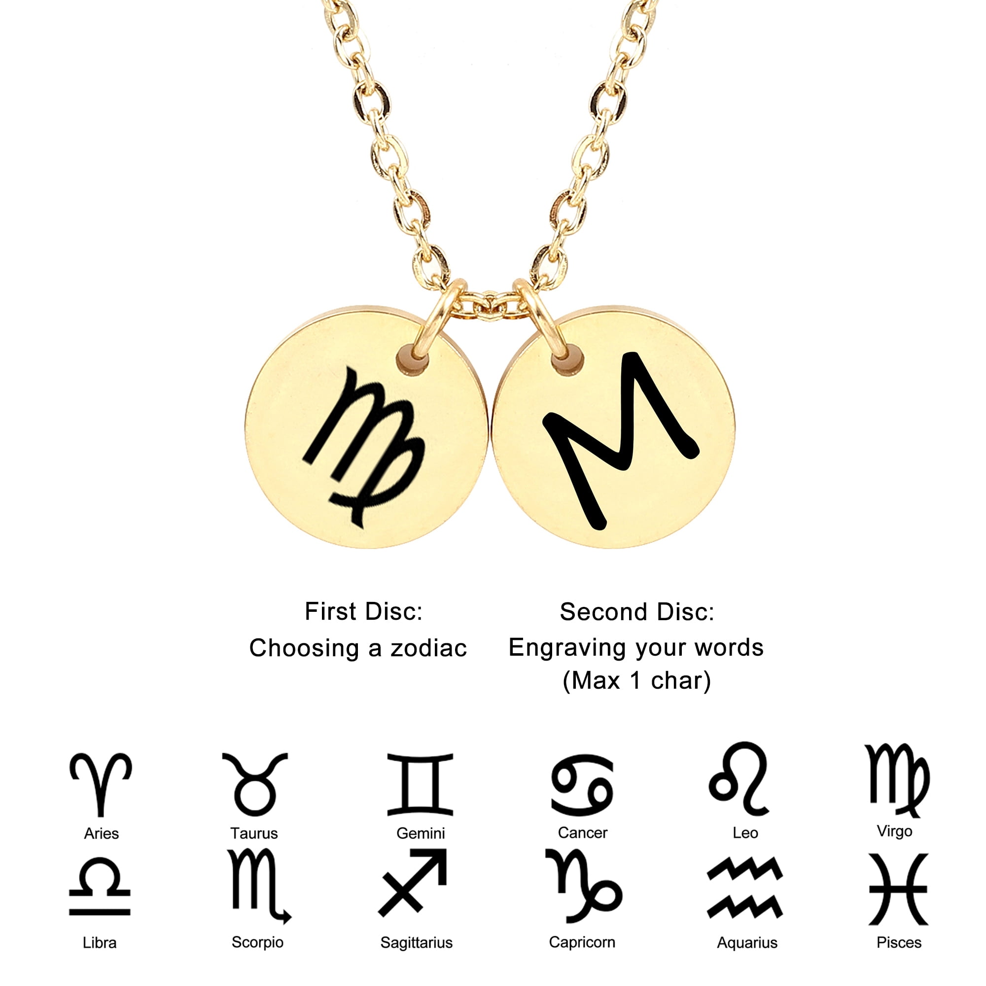 Personalized Round Constellation Initial Necklace - Engraved Zodiac Symbol Jewelry - Christmas Gift for Her - Stainless Steel - 18" Chain - Gold Virgo