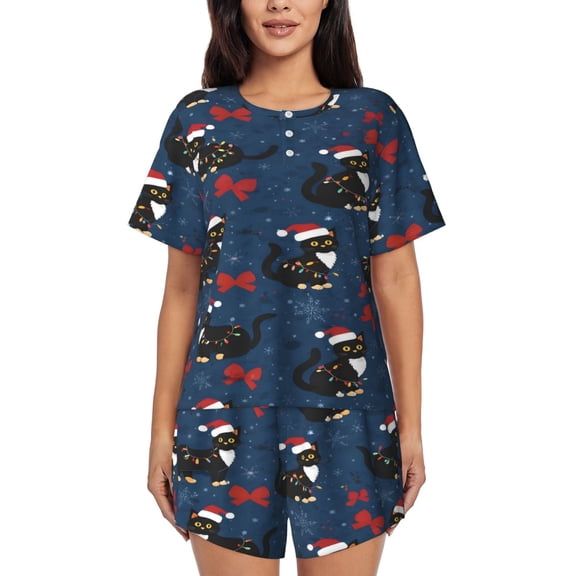Christmas Cat Pattern Women’S Short-Sleeved Pyjama Set Round-Neck Loungewear for Indoor and Outdoor