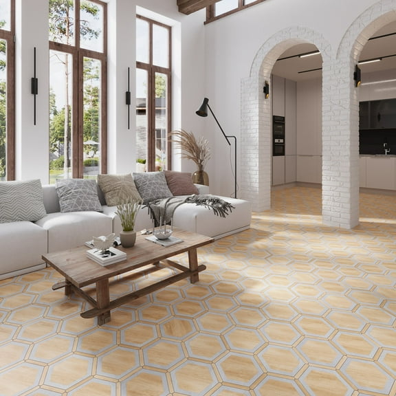 Apollo Tile Aureole 8.66 in. x 9.84 in. Matte Oak wash and Gray Porcelain Hexagon Wall and Floor Tile (8.07 sq ft/case) - 18 Sheets