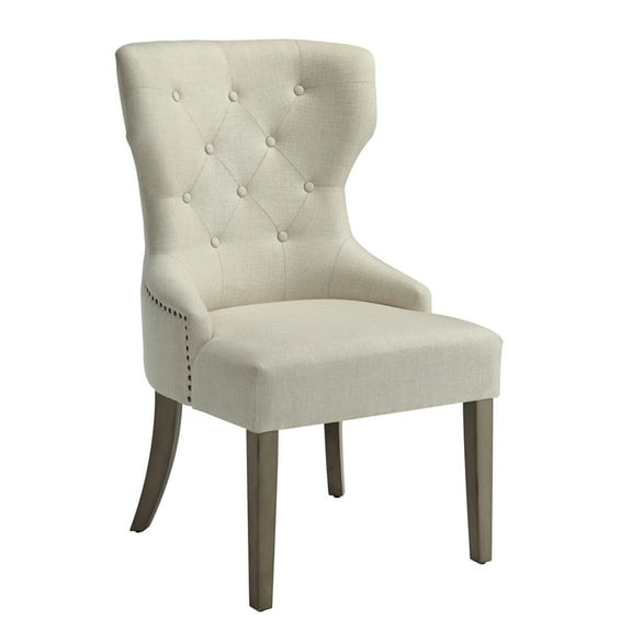 Tufted Dining Chair - Modern Wingback Armless Chair, Beige Linen Fabric, Brass Nail Trim, Dining Room Accent Chair
