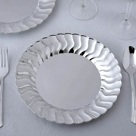 BalsaCircle 12 pcs Silver Disposable Plastic Round Plates with Flared Rim for Wedding Reception Party Buffet Catering (Best Way To Clean Silver Plated Items)