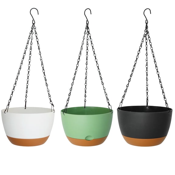 Green, Black, and Beige Plastic, Hanging Planter with Drainage Hole for Indoor Outdoor Use, 3-Pack 8.07 inch Space-Saving Flower Pot