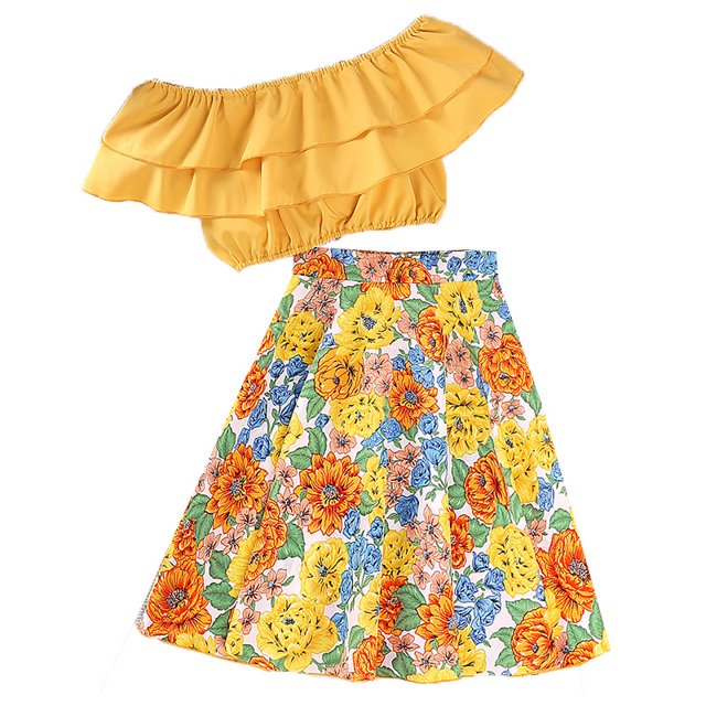 Conjunto Ropa Bebé Recién Nacido Niña 8-12 Años Verano Moda Casual Moda Blusa Amarilla Con Hombros Descubiertos Y Linda Falda Floral Gao Jiahui unisex