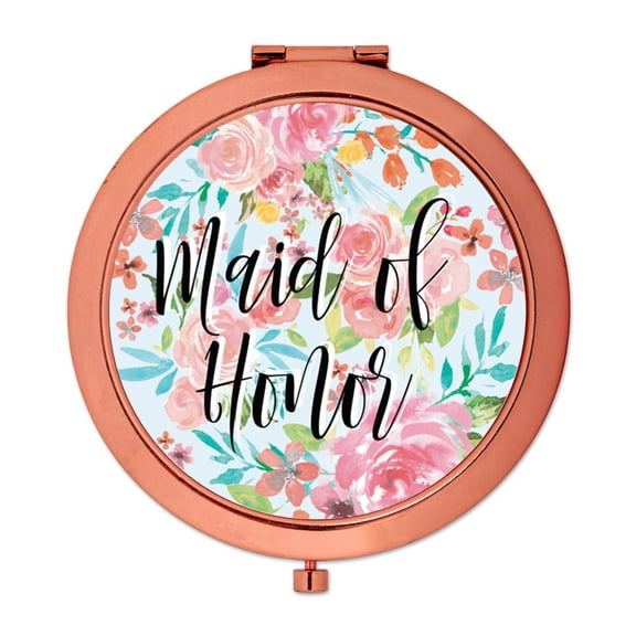 Koyal Wholesale Compact Mirror Maid of Honor Wedding Gift, Rose Gold, Tea Party Pink Floral Flowers, 1-Pack