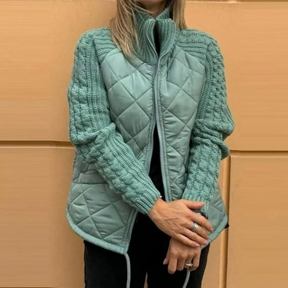 MKLEKYY Women's Ski Jacket Women's Knit Patchwork Puffy Jacket Patchwork Jackets for Women Cozy Fall/Winter Outerwear