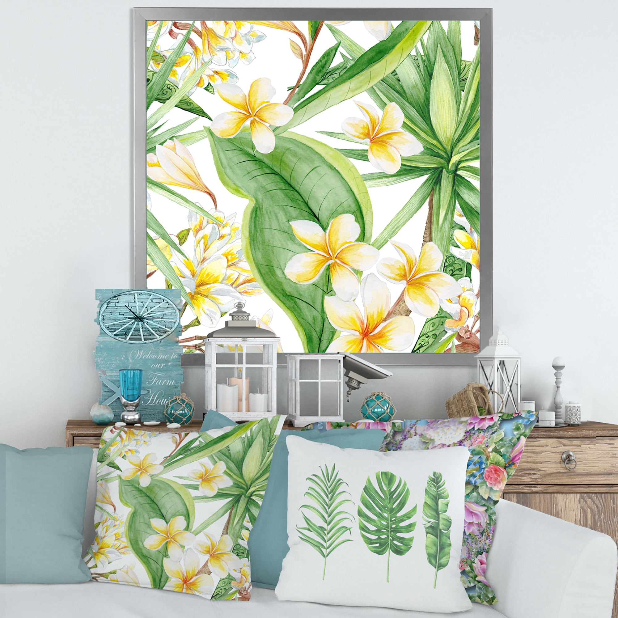 Designart 'Yellow Flowers and Tropical Foliage VII' Modern Framed Art Print