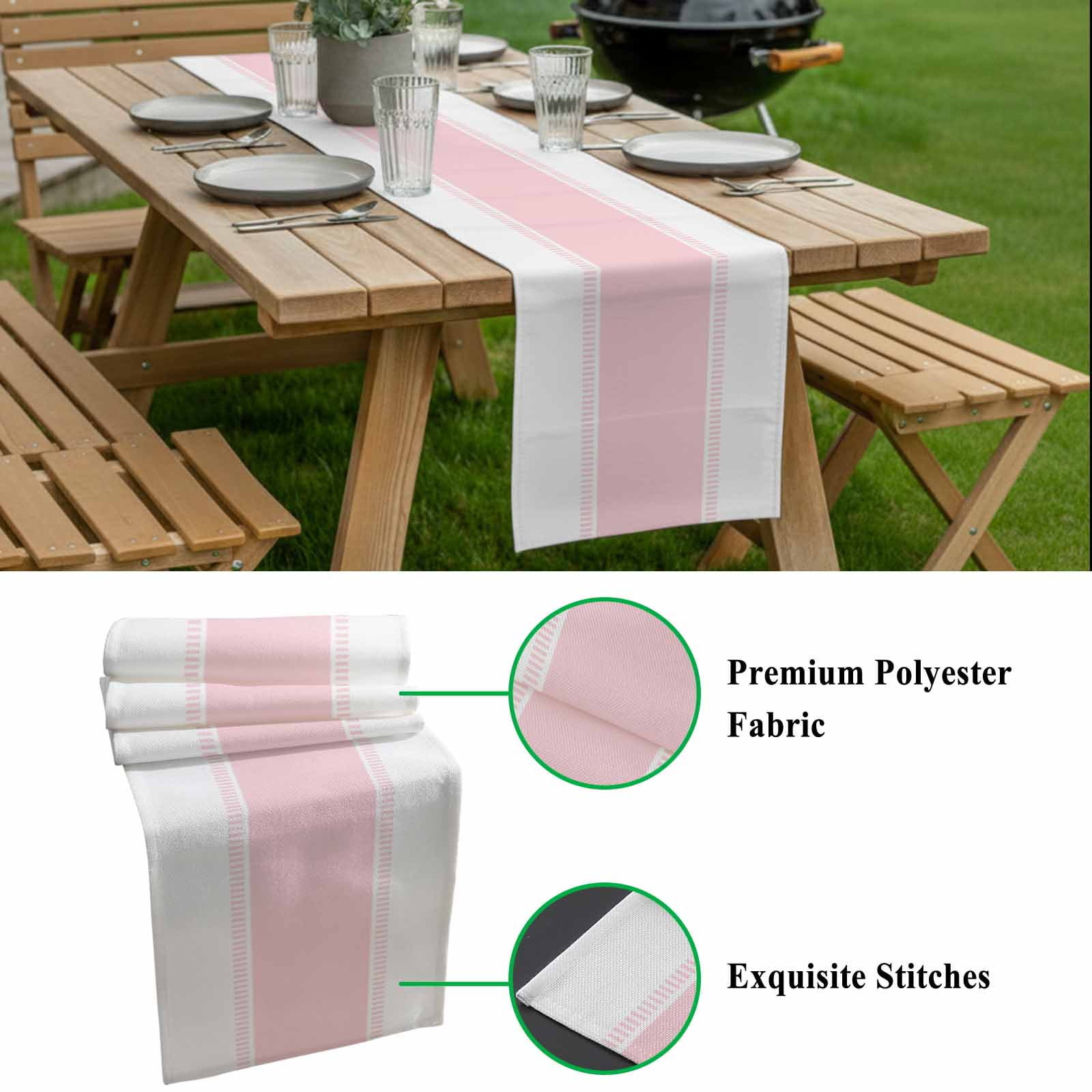 Pink Table Runner 13x120 inch Stripe Cotton Linen Dining Table Runner Ideal for Dresser Kitchen Coffee Tables - Machine Washable