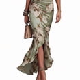 thumbnail image 2 of Green Floral Print Satin Mermaid Midi Dress With Ruched Body, V-Neck, Ruffle Sleeves And High Slit, 2 of 8
