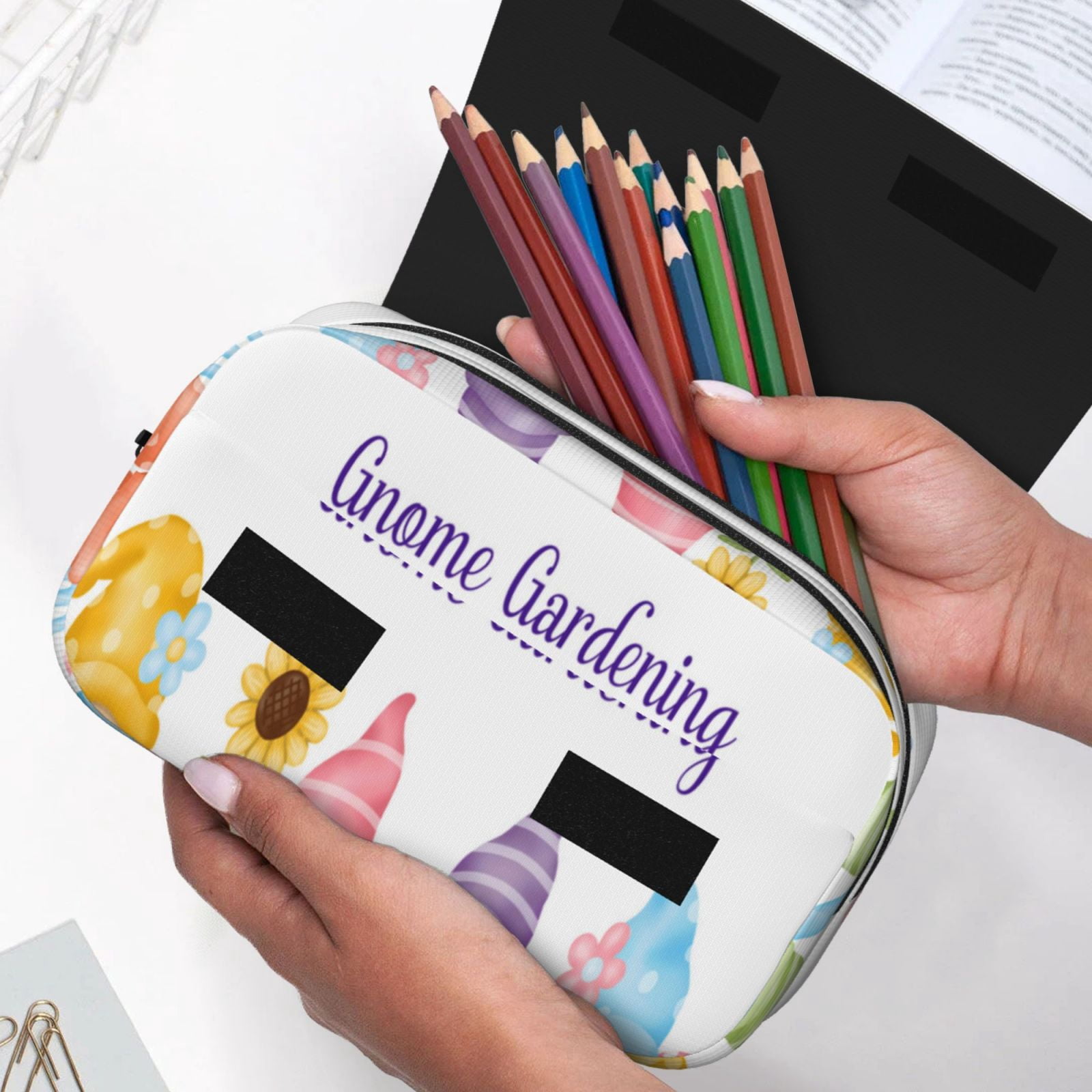 Rateoe Watercolor Gnome Garden Pattern Double Clamshell Pen Case, Storage Organizer with Two Zipper Compartments– Holds Up to 50 Pencils & Pens