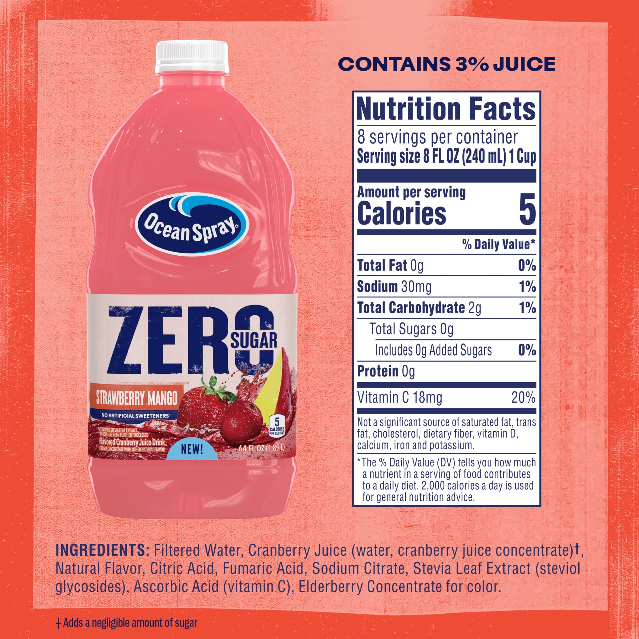 (8 pack) Ocean Spray® ZERO Sugar Strawberry Mango Juice Drink, 64 Fl Oz Bottle