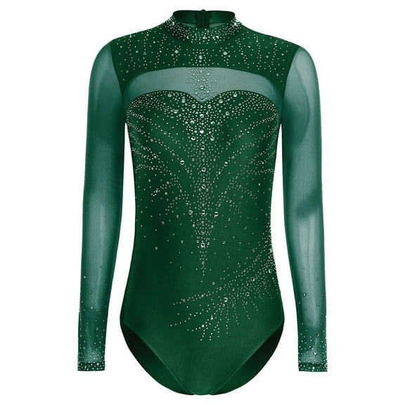 inlzdz Women's Rhinestone Ballet Dance Leotard Artistic Gymnastics Competition Performance Bodysuit Dark Green XXL