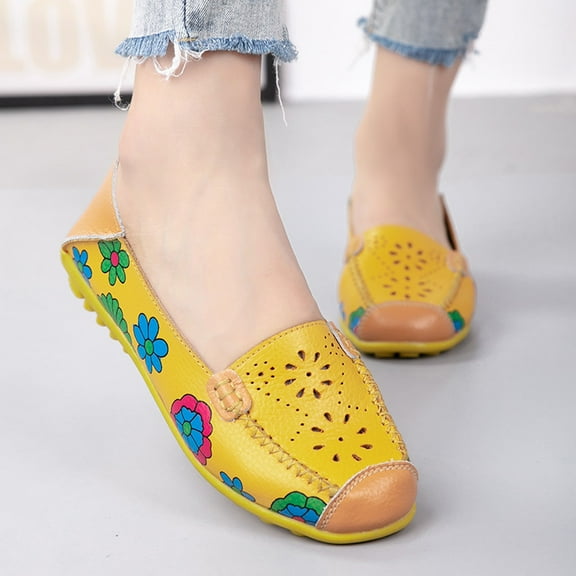 EQWLJWE Women's Comfortable Leather Hollow Printed Flat Casual Loafers Single Shoes Women's Flat Shoes Holiday Clearance