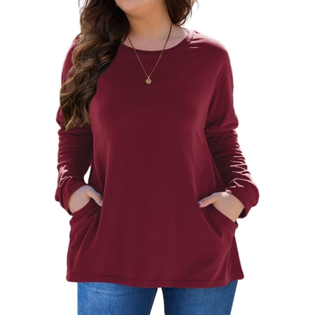 FlorCurve Plus Size Sweatshirts for Women Long Sleeve Crew Neck Pollover Sweatshirt Casual Tunic Shirts with Pockets, Burgundy 5XL