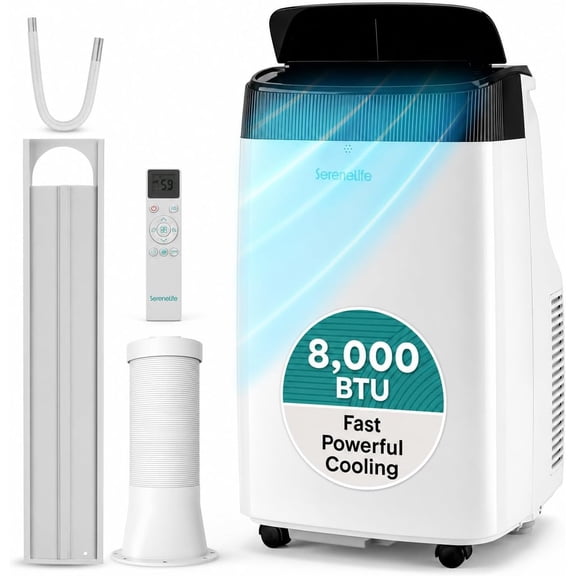 SereneLife 8,000 BTU Portable Air Conditioner, 3-in-1 AC, Dehumidifier & Fan with Remote, Window Kit, Dual Motor, 64°F–90°F Cooling for Rooms up to 350 Sq. Ft., White