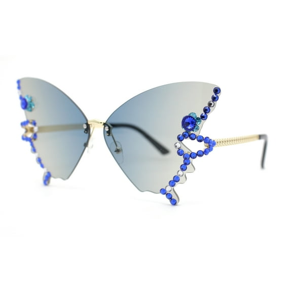 Sparkling Rhinestone Jewel Trim Butterfly Shape Rimless Sunglasses Gold - Blue Smoke