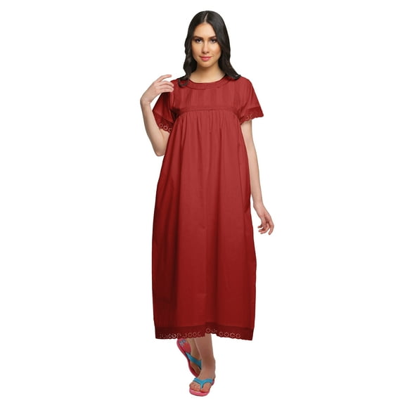 Moomaya Solid Short Sleeve Knee Length Nightdress Round Neck Sleepwear Gown
