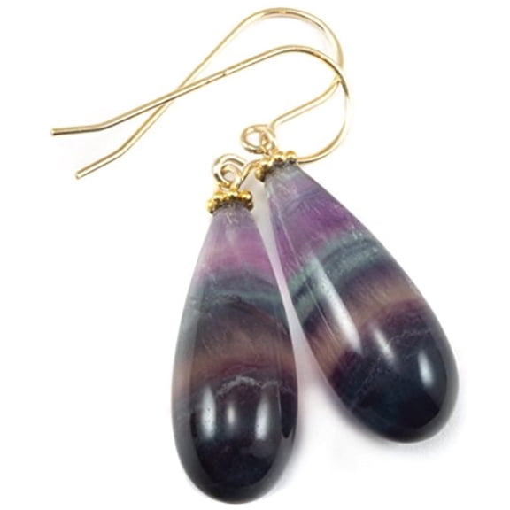 14k Gold Filled Fluorite Earrings Striped Purple Teal Green Fat Rounded Long Teardrops Drops Spyglass Designs Designed for Adult Women and