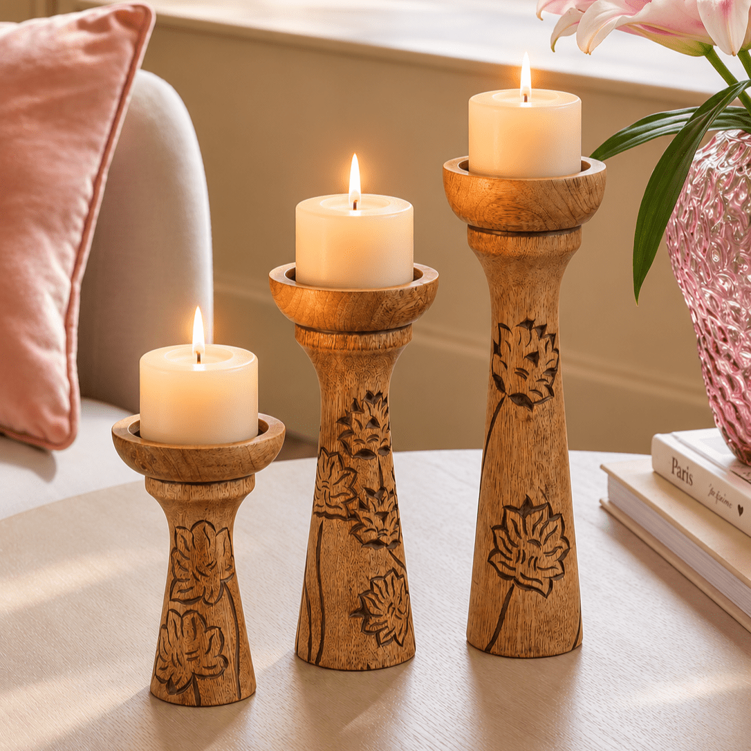 Mela Artisan Pillar Candle Holders Set of 3, Mangowood Candle Stand holders, Grey, 6" x 9" x 12"