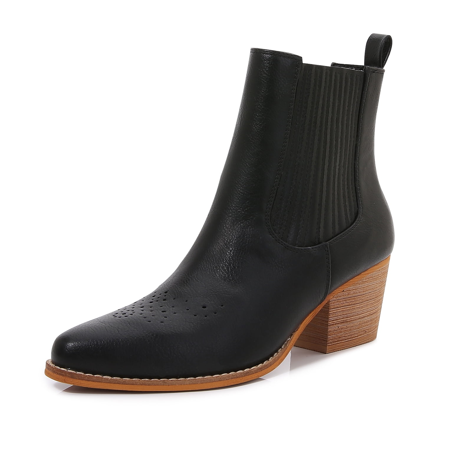 Women PU Leather Perforated Front Stacked Heel Ankle Boots with Elastic Side Gussets (Black / 11)