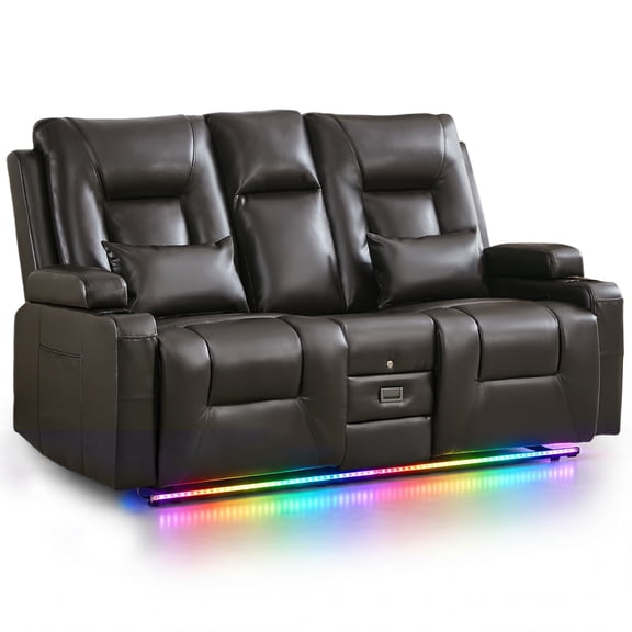 IPKIG LED 2-Seater Manual Reclining Loveseat Sofa with Power Recliners, Bluetooth Speakers, USB Charger, Power Outlet, Cup Holders, Faux Leather Brown