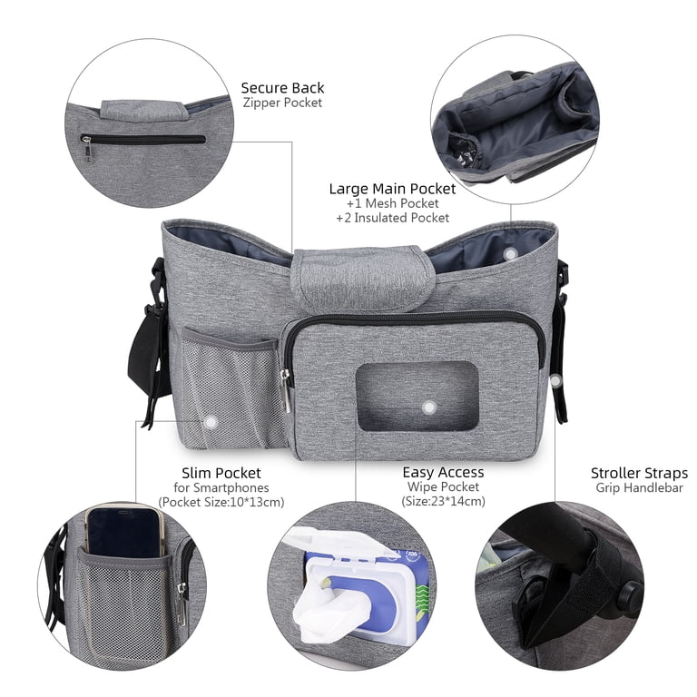 Baby Diaper Bag Stroller Organizer with Insulated Cup Holder&