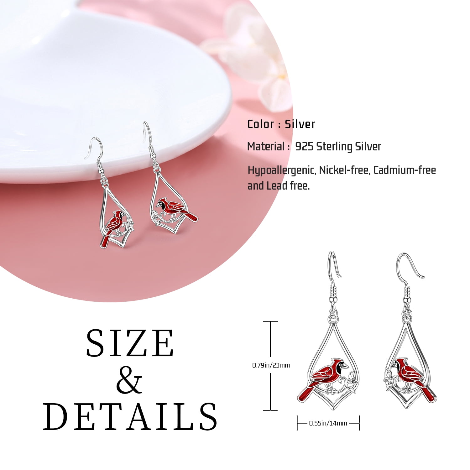 Coachuhhar Cardinal Earrings for Women 925 Sterling Silver Cardinal Dangling Earrings Bird Earrings Cute Animal Drop Earrings Cardinal Jewelry Gifts for Mother's Day Friends