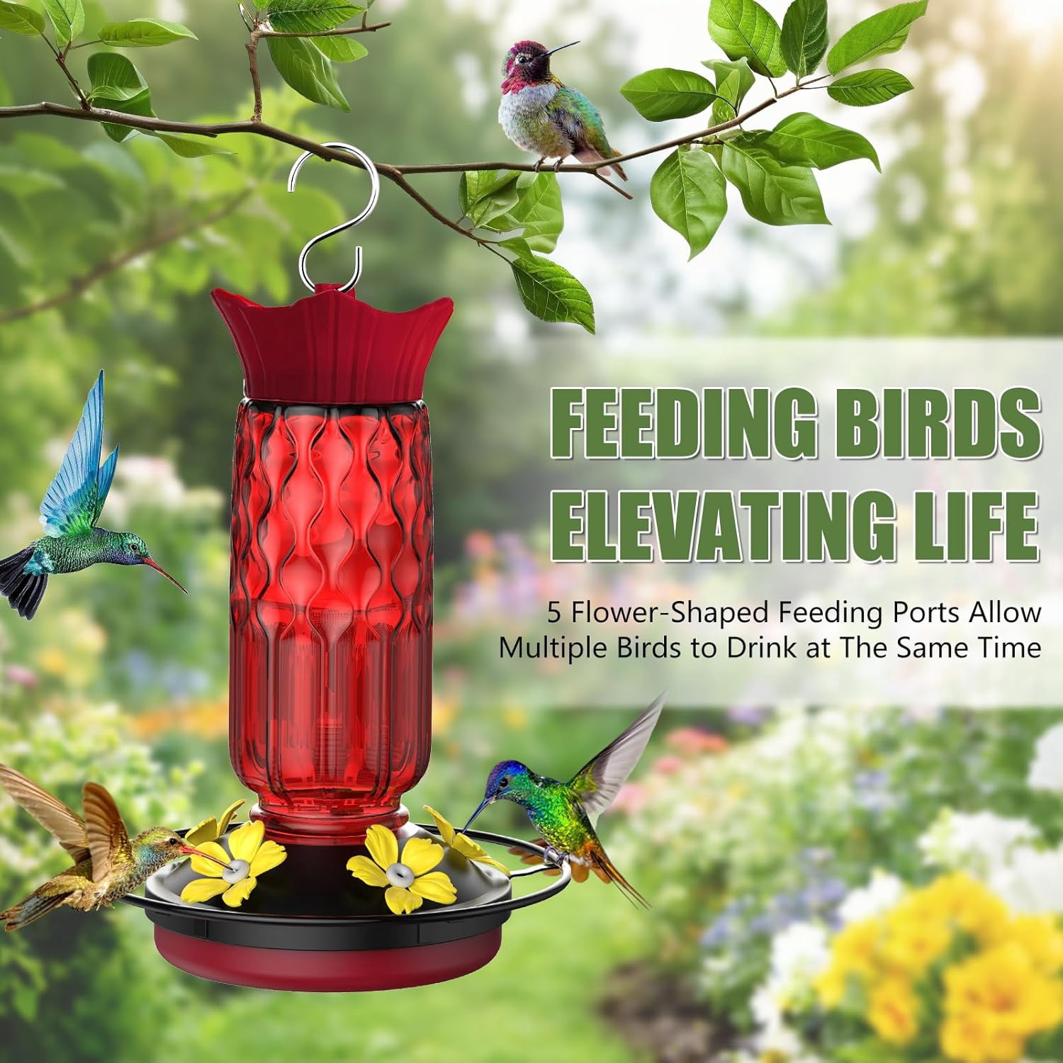 HZMSYQ Hummingbird Feeders for Outdoors, Hanging Hummingbird Feeder with Flower-Shaped Feeding Ports, Bird Feeder with Bee Proof Built-in Ant Moat, Outdoor Garden Decor Gifts for Women Mom