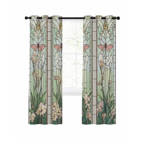Green Vintage Stained Glass Blackout Curtains for Bedroom Living Room, Flowers Butterfly 54 In Long Thermal Insulated Room Darkening Drapes Grommet Window Treatments, 42 x 54 In