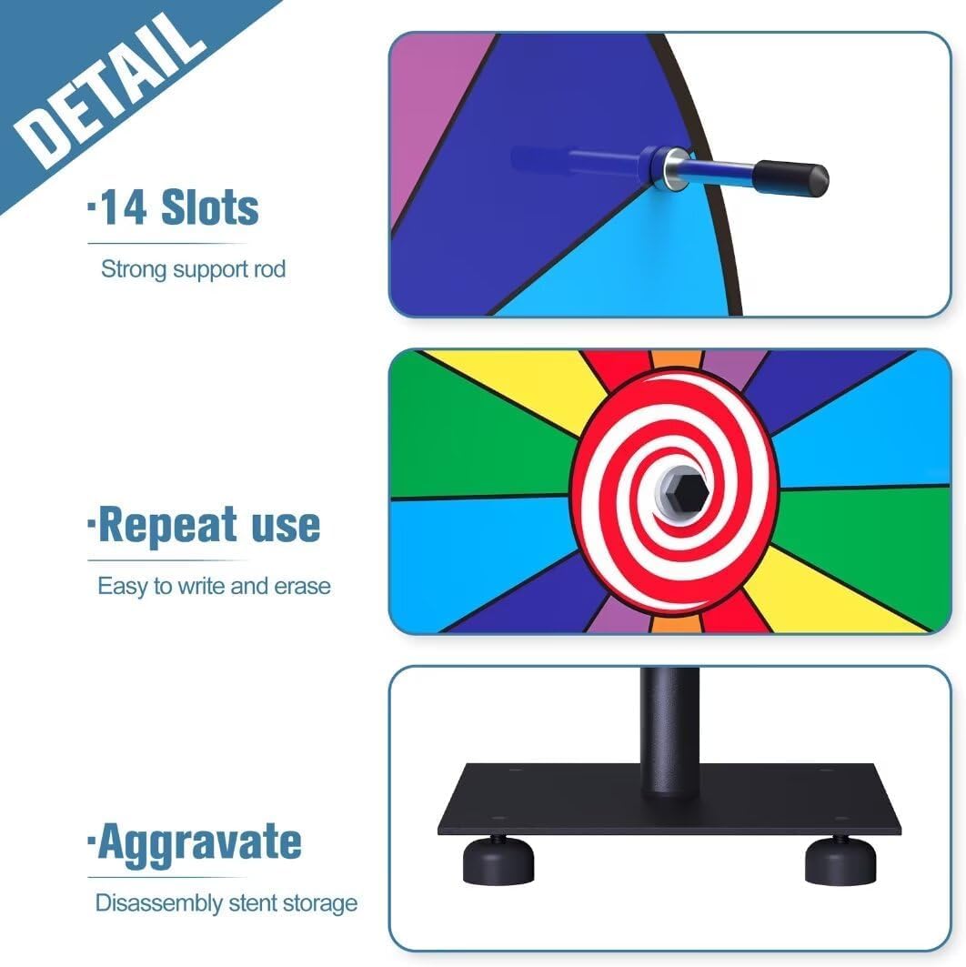 12 inch 14 Slots Tabletop Spinning Prize Wheel with Stand Dry Erase Spinner for Party Games,Classroom Rewards and Carnival Activities