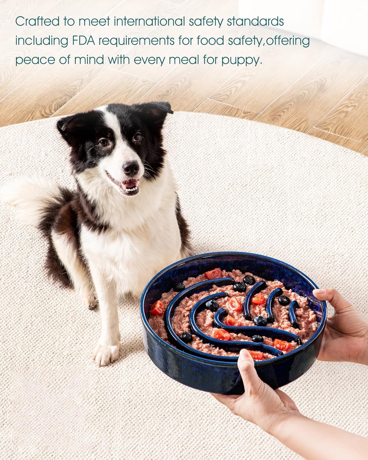Slow Feeder Dog Bowl, 3 Cup Ceramic Slow Feeding Food Dish for Large Breed, Puzzle Dog Food Bowl for Fast Eater, Blue