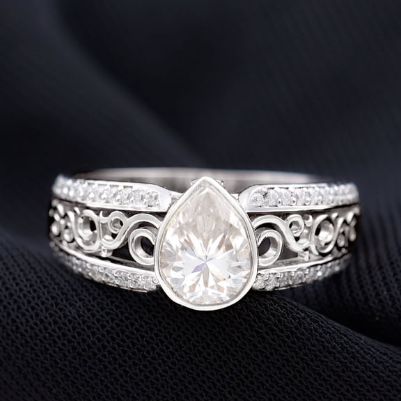 Kalapi Jewel 14K White Gold Plated 1.4 Ct Engagement Bezel Set Ring - Dazzling Pear Cut Moissanite Filigree Ring - Beautiful Jewelry for Women's - Gift for Proposal or Anniversary