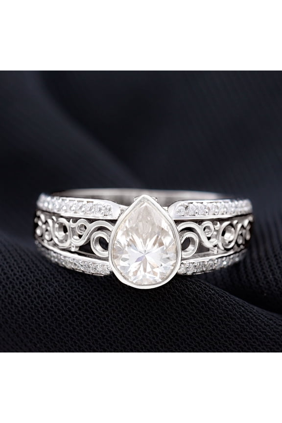 14K White Gold Plated 1.4 Ct Engagement Bezel Set Ring - Dazzling Pear Cut Moissanite Filigree Ring - Beautiful Jewelry for Women's - Gift for Proposal or Anniversary