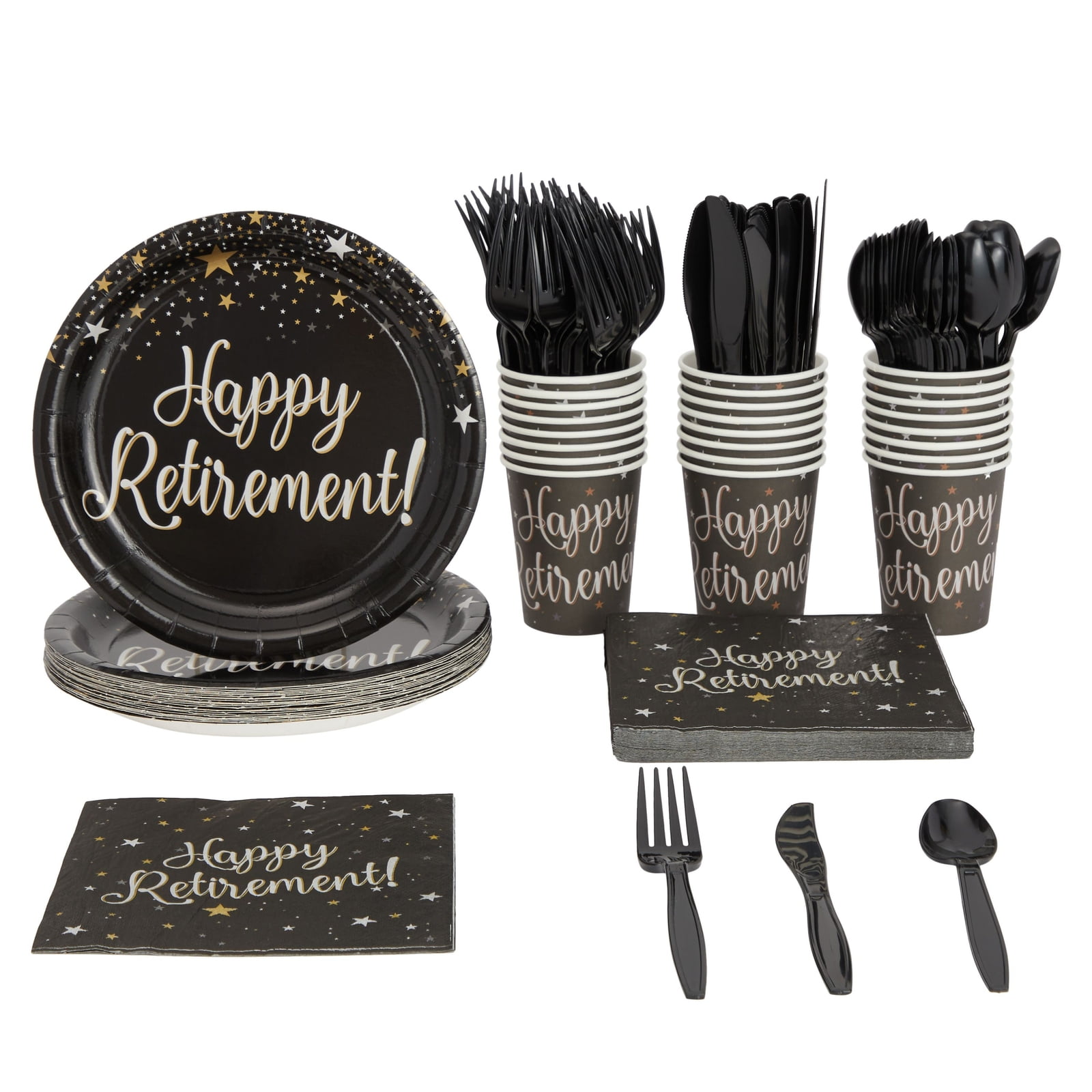 144 Piece Happy Retirement Party Supplies, Dinnerware Set with Cutlery, Plates, Napkins Cups, Serves 24