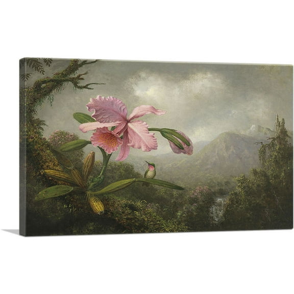 ARTCANVAS Orchid and Hummingbird near a Waterfall Canvas Art Print by Martin Johnson Heade - Size: 26" x 18" (0.75" Deep)