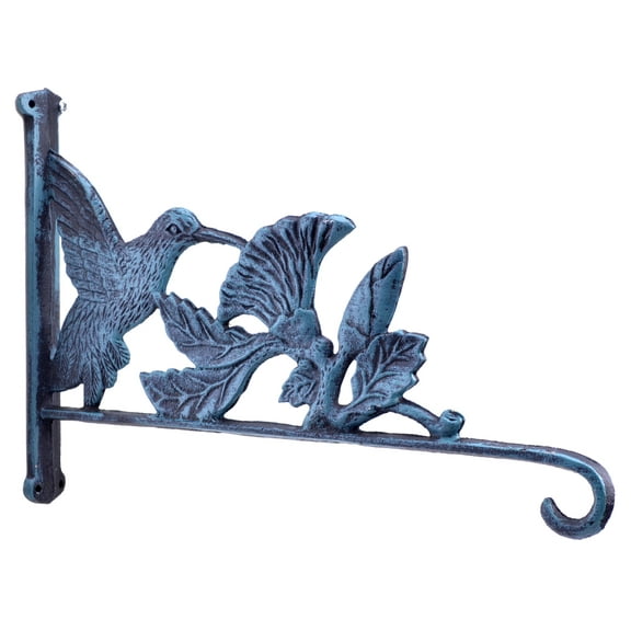 Hummingbird & Flowers Plant Hanger Hook Verdigris Cast Iron 12.5" Deep
