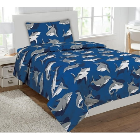 - Fancy Linen 3pc Twin Size Kids/Teens Shark Light Blue Grey Sheet Set New