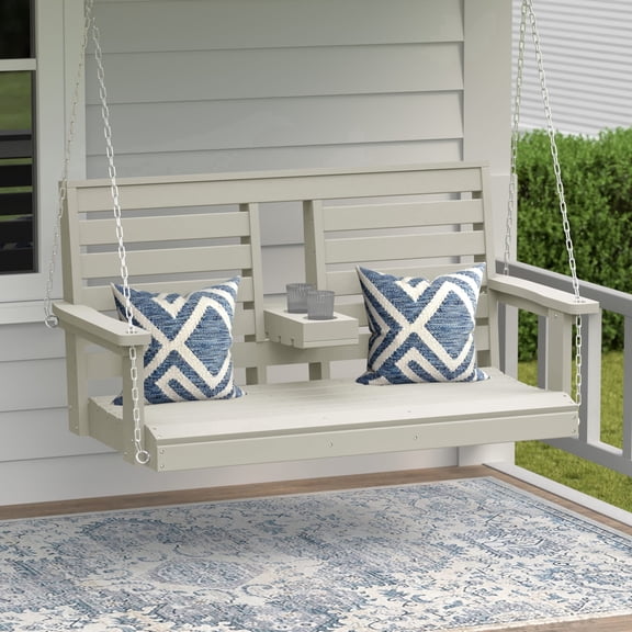 WestinTrends St Charles Outdoor HDPE 54" Front Hanging Porch Swing Bench With Cupholders, Sand