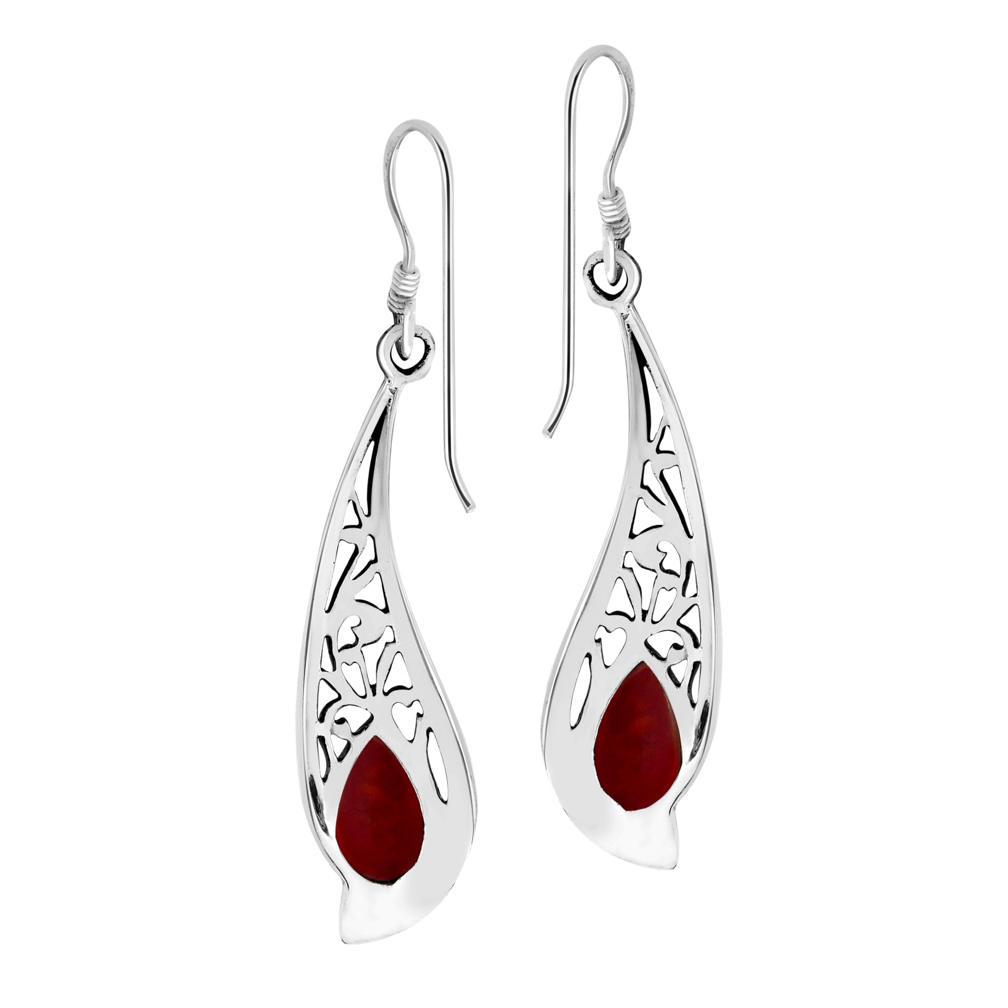 Stylized Filigree Teardrops Red Coral Inlay Sterling Silver Dangle Earrings