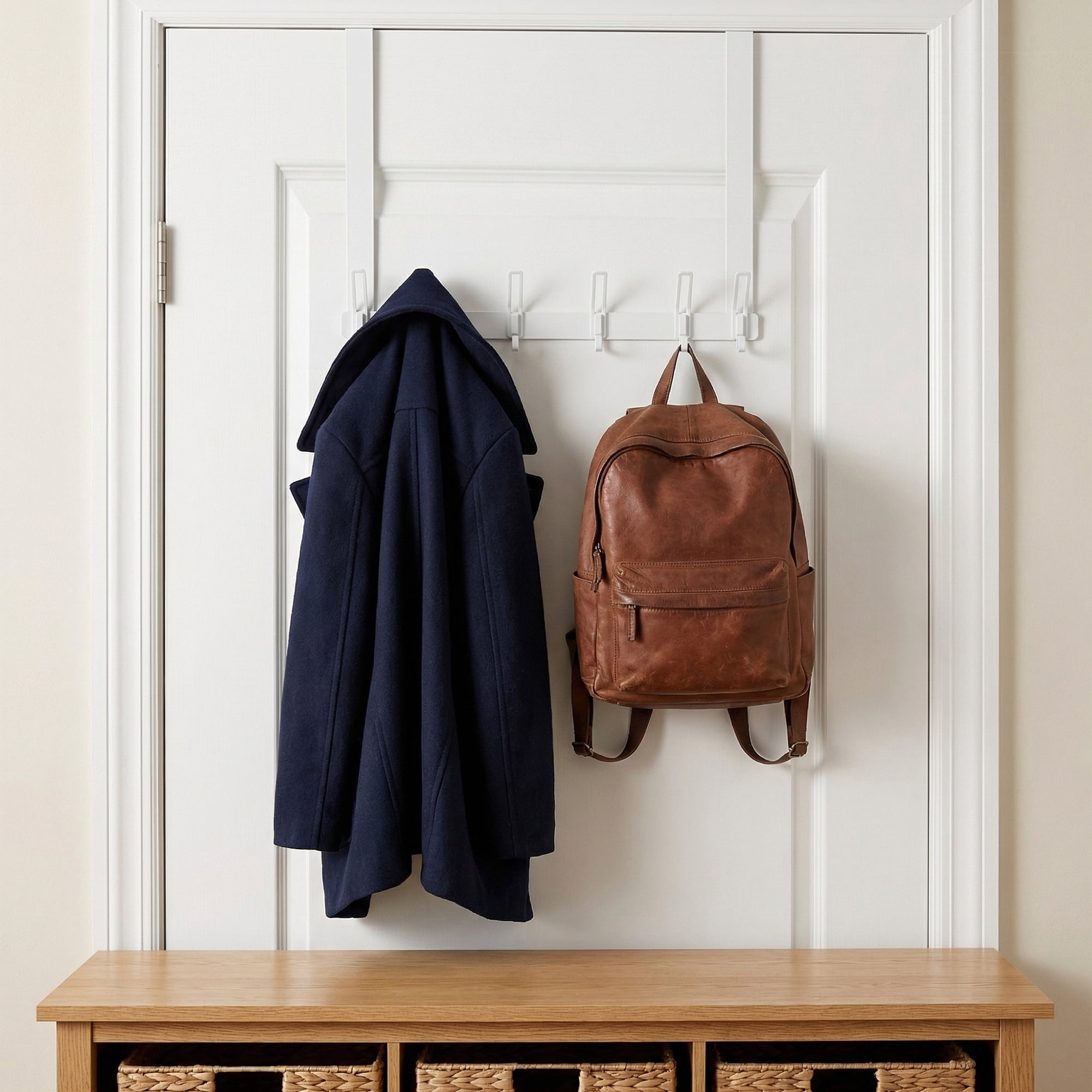 Unique Bargains Coat Rack Door Mount with 6 Hooks for Coats and Towels White 15.4"x11"