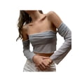 thumbnail image 2 of Txlixc Blusa de corte casual para mujeres, blusa de tirantes plisados de manga larga sólida y hombros abiertos Txlixc  moda, 2 of 6