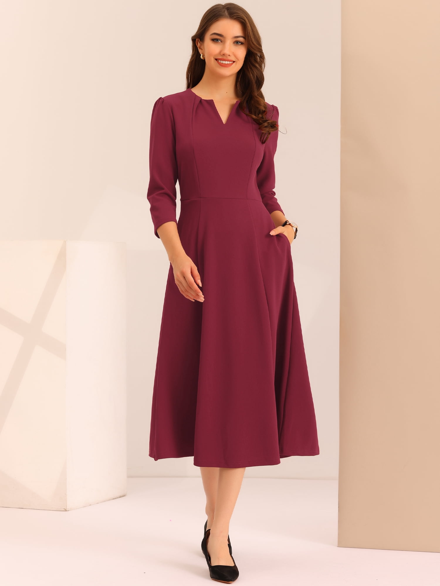 DARING DIVA Work Office Elegant 3/4 Sleeve V Neck A-Line Dress L Burgundy